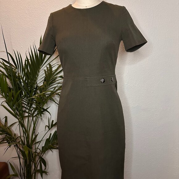 Banana Republic Olive Fitted Pencil Midi Dress Double Button Stretch Size 2 - Picture 2 of 10